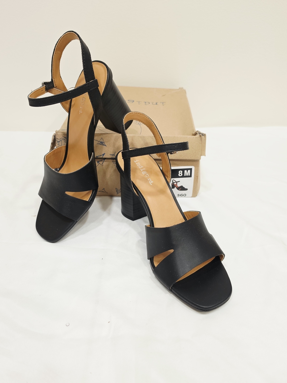 Indigo Black Strappy Block Heel Sandals with Ankle Strap